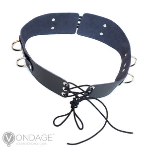 The Vondage Lockable Waist Cincher Belt is shown from the back against a blank background. Each half of the belt has three grommets stacked vertically with nylon laces, which lace the belt pieces together in a corset style.