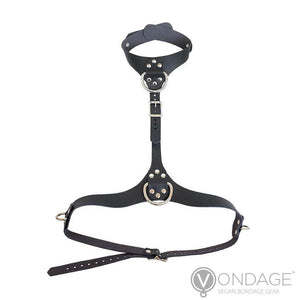 The Vondage Vegan Leather Bust Harness is shown against a blank background. The harness has a buckle with adjustable straps where it wraps around the body and near the collar portion.