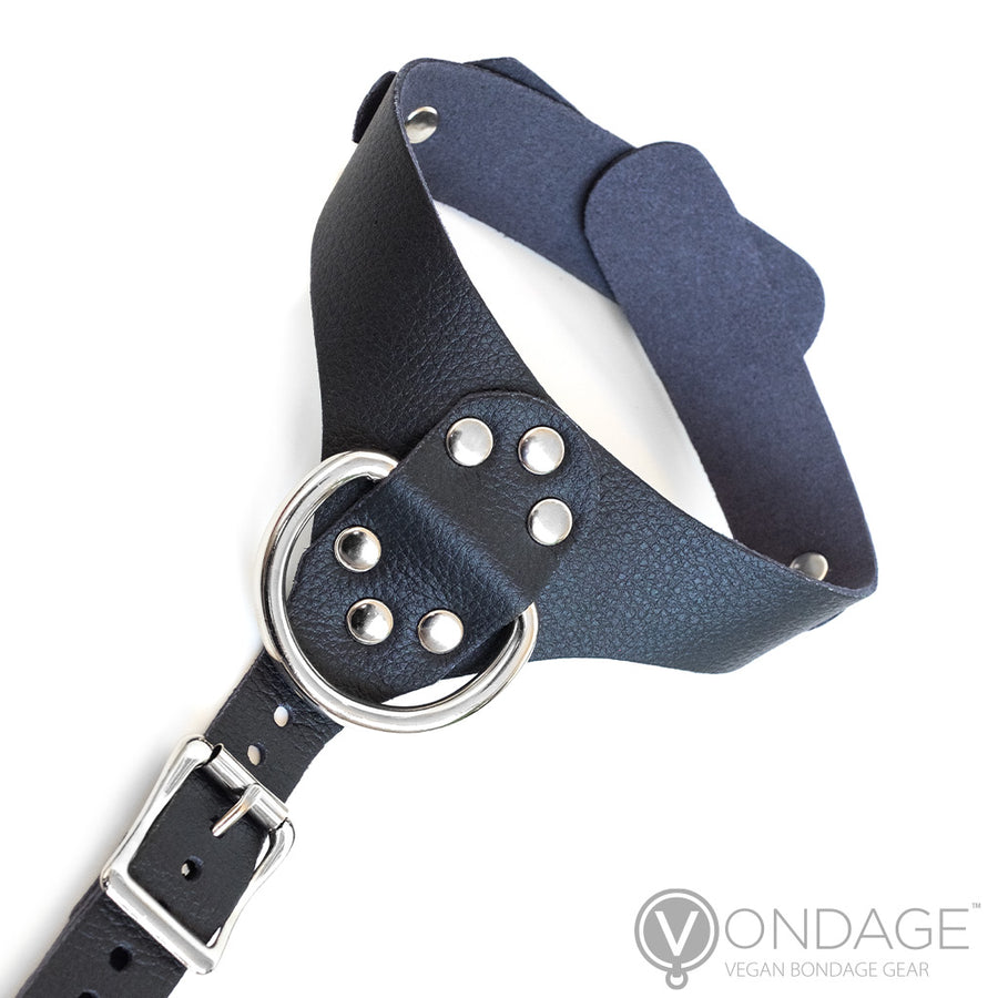 A close-up image is shown of the collar portion of the vegan bondage gear Vondage Bust Harness is shown in front of a white background.