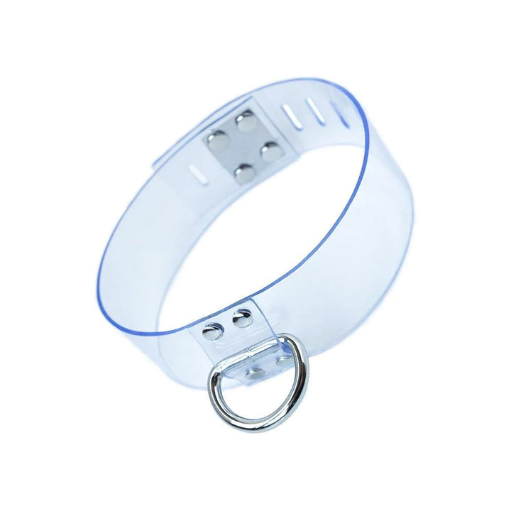 The Clear CTRL Locking Collar is shown against a blank background. It is made of transparent vinyl with metal hardware.
