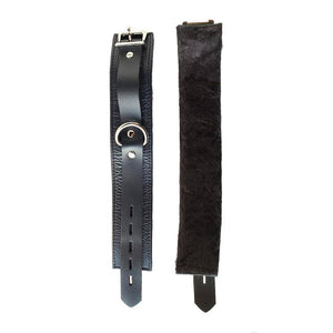 A pair of unbuckled Fleece Lined Garment Leather Ankle Cuffs are shown against a blank background. One is laying leather-side up and the other is laying fleece-side up.