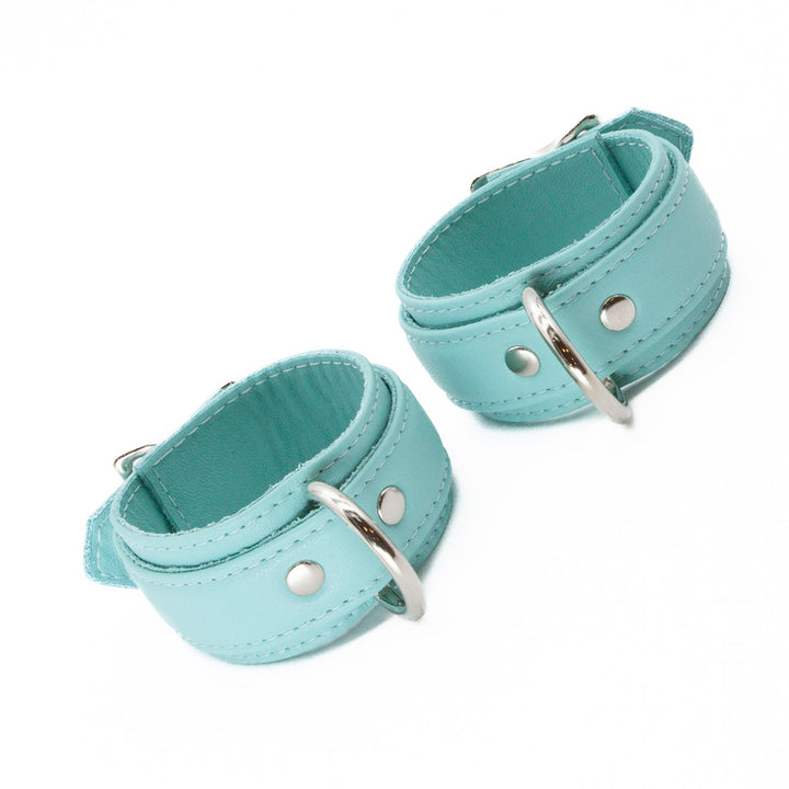 A pair of cuffed Zoë Ligon x The Stockroom Limited Edition Mint Green Wrist Cuffs is shown against a blank background, displaying the metal D-ring on each cuff.