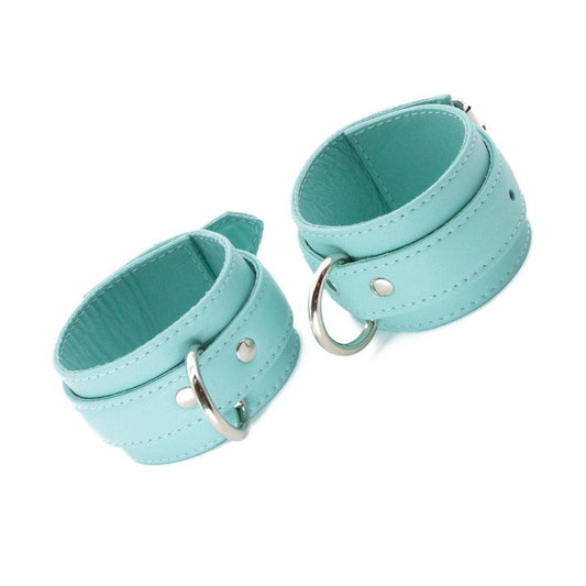 The Zoë Ligon x The Stockroom Limited Edition Mint Green Ankle Cuffs are displayed against a blank background, showing the silver metal D-ring on each cuff.
