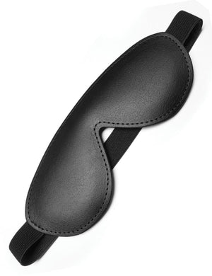 The black Kinklab Bondage Basics Padded Leather Blindfold is displayed against a blank background. The blindfold has a black elastic strap.