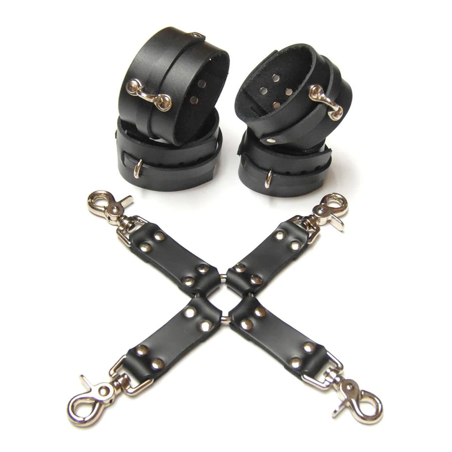 The Kinklab Leather Hog Tie Bondage Kit is shown against a blank background. It has black leather wrist and ankle cuffs with silver hardware. The hogtie has a metal O-ring in the center with 4 leather strips with snap hooks attached in the shape of an X.
