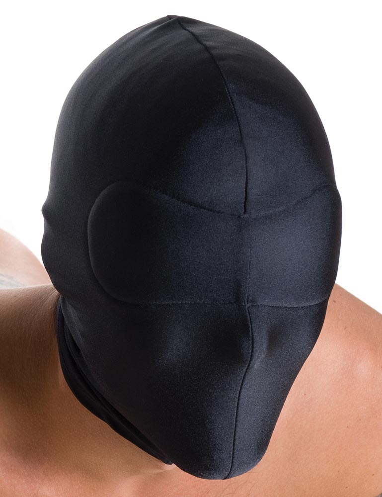 A close-up of a man’s face in the Kinklab Spandex Hood With A Blindfold is shown. The hood is black and covers his face and head completely with no openings.