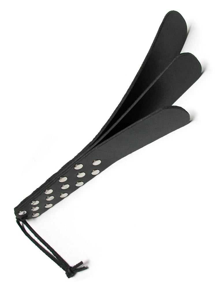 The Kinklab Triple Leather Slapper is displayed against a blank background. It is made of three pieces of black leather held together by metal rivets on the bottom half with a small wrist loop.
