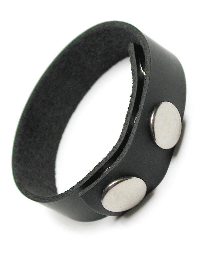 The black leather KinkLab 3 Snap Cock Ring, made of a thin strip of leather with adjustable snap closures, is displayed against a blank background.