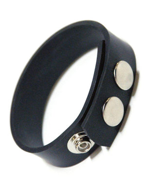 The black rubber KinkLab 3 Snap Cock Ring, made of a thin strip of rubber with adjustable snap closures, is displayed against a blank background.