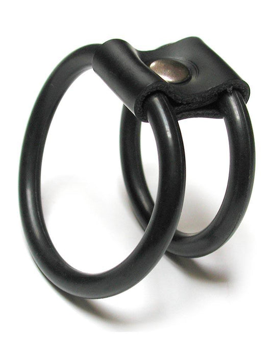 The KinkLab Double-O Cock Ring, made of two black rubber O-rings connected by a piece of black rubber, is displayed against a blank background.