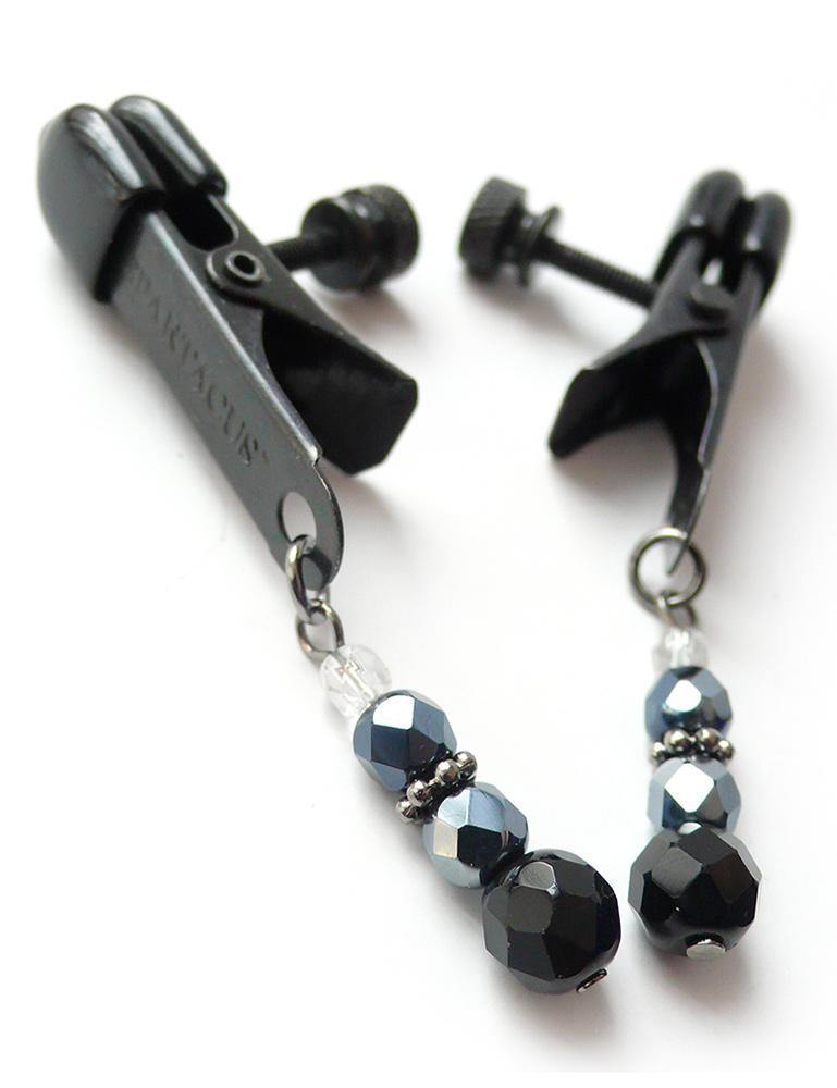  A pair of black Beaded Spring Jaw Nipple Clamps are displayed against a blank background.