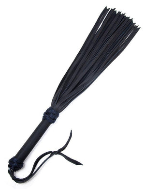 The black/black 30-inch Buffalo Hide Flogger is displayed against a blank background. The flogger has black leather falls, and the handle is wrapped in black nylon with knots at the top and bottom and a black leather wrist loop at the base of the handle.