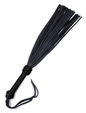The black/black 30-inch Elk Hide Flogger is displayed against a blank background. The flogger has black leather falls, and the handle is wrapped in black nylon with knots at the top and bottom and a black leather wrist loop at the base of the handle.