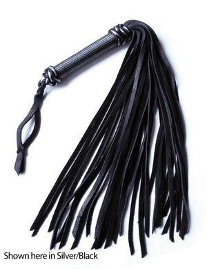 The silver/black 30-inch Elk Hide Flogger is displayed against a blank background. The flogger has black leather falls, and the handle is wrapped in silver and black nylon with knots at the top and bottom and a black leather wrist loop at the base of the handle.