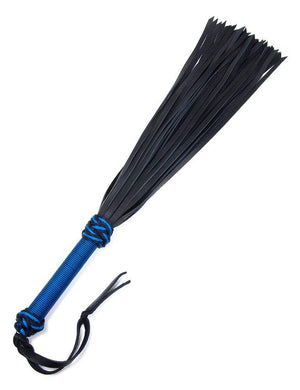 The blue/black 30-inch Elk Hide Flogger is displayed against a blank background. The flogger has black leather falls, and the handle is wrapped in blue and black nylon with knots at the top and bottom and a black leather wrist loop at the base of the handle.
