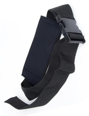The Malibu Thigh-On Dildo Harness is shown from the back against a blank background. It has an adjustable black nylon strap and a black plastic buckle closure.