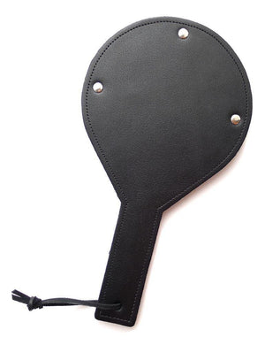 The Black Leather Gentle Persuasions Paddle is shown against a blank background with the leather side up. The entire paddle is covered in smooth black leather.