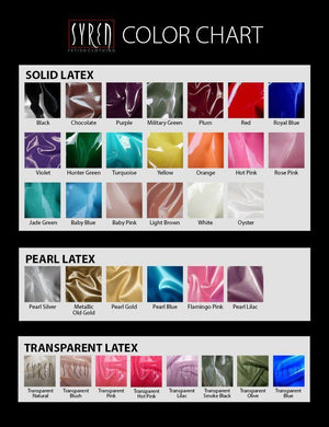 An image with color swatches of the available latex colors for Syren Latex garments.