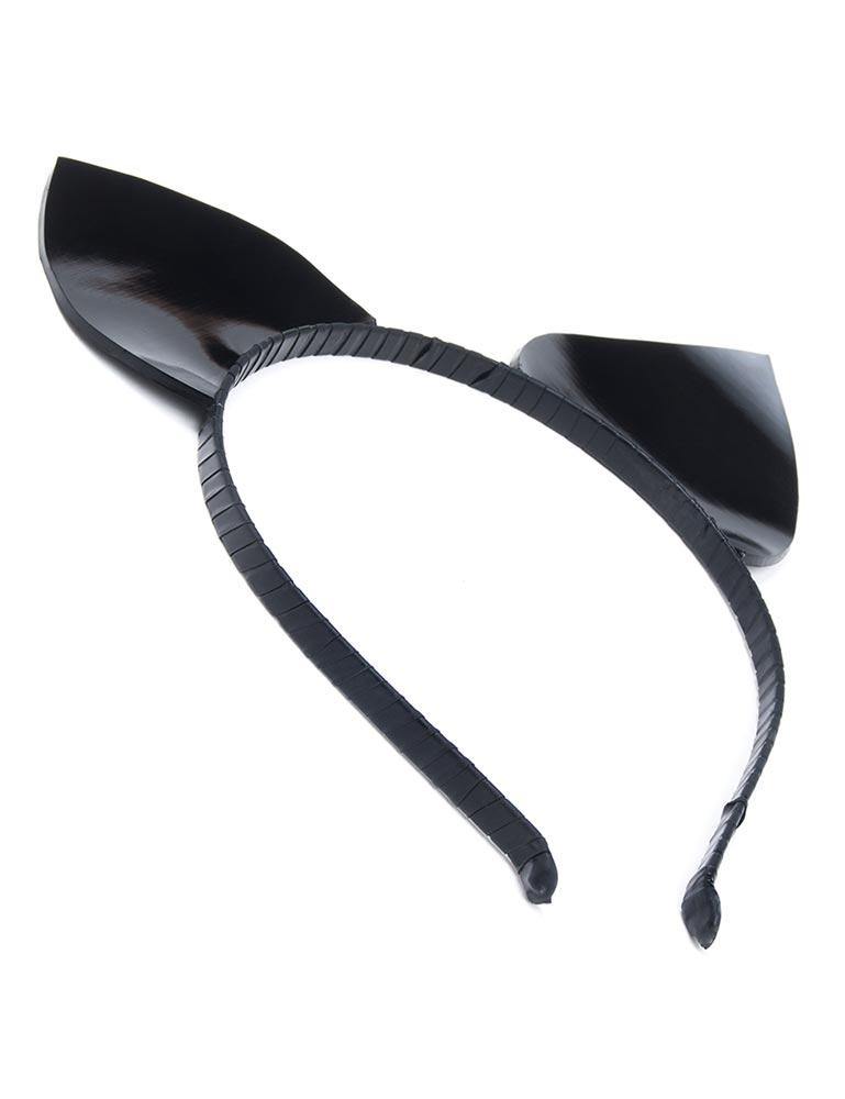 A black Kitten Headband by Syren Latex is displayed against a grey backdrop. It is a thin black headband with kitten ears attached, made of black latex.