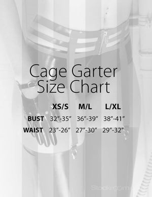 An image displaying the size chart for the Cage Garter by Syren Latex.