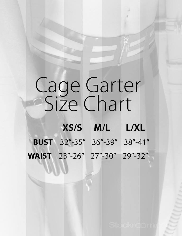 An image displaying the size chart for the Cage Garter by Syren Latex.